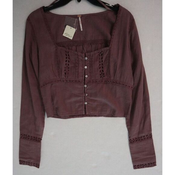 Free People OB1533903 Women's Sz M Purple Joi Eyelet Crop Long Sleeve Blouse $98 - Picture 6 of 10